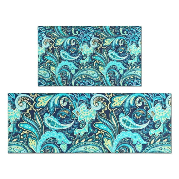 Blue Paisley and Floral Pattern Kitchen Rugs Sets Of 2,Anti Fatigue Kitchen Mat Rugs Non Slip Washable,Decorative Kitchen Floor Mats for Kitchen,Sink,Laundry,17"x30"+17"x47"