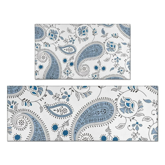 Blue Paisley and Floral Pattern Kitchen Rugs Sets Of 2,Anti Fatigue Kitchen Mat Rugs Non Slip Washable,Decorative Kitchen Floor Mats for Kitchen,Sink,Laundry,17"x30"+17"x47"
