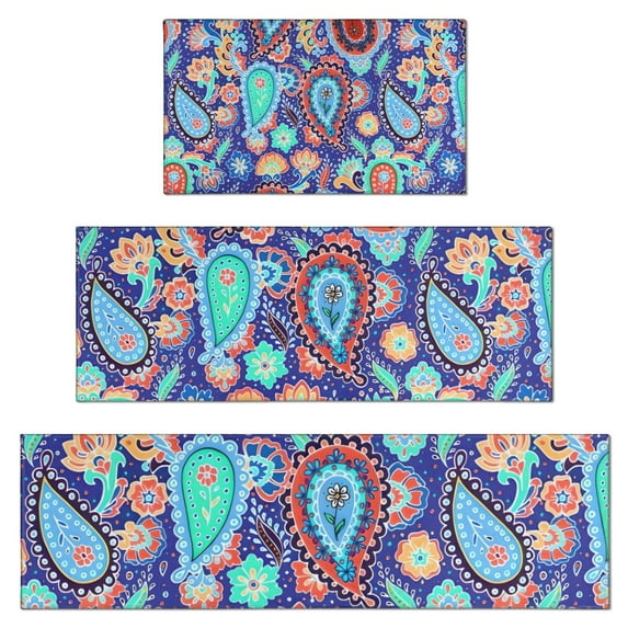 Blue Paisley and Floral Pattern Kitchen Rugs Sets Of 3,Kitchen Runner Rugs Non Skid Washable,Decorative Kitchen Floor Mats for Kitchen,Sink,Laundry,17"x30"+ 17"x47" + 17"x59"