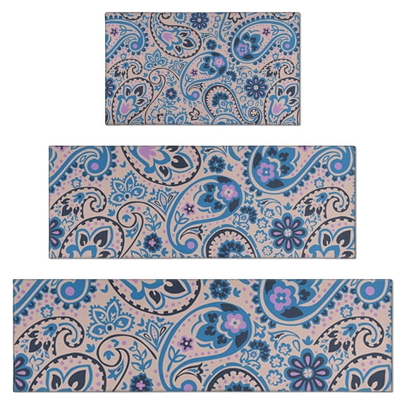 Blue Paisley and Floral Pattern Kitchen Rugs Sets Of 3,Kitchen Runner Rugs Non Skid Washable,Decorative Kitchen Floor Mats for Kitchen,Sink,Laundry,17"x30"+ 17"x47" + 17"x59"