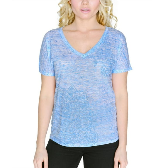 Blue Paisley Henna Ink Women's Slouchy V-Neck T Shirt Blue Marble LG
