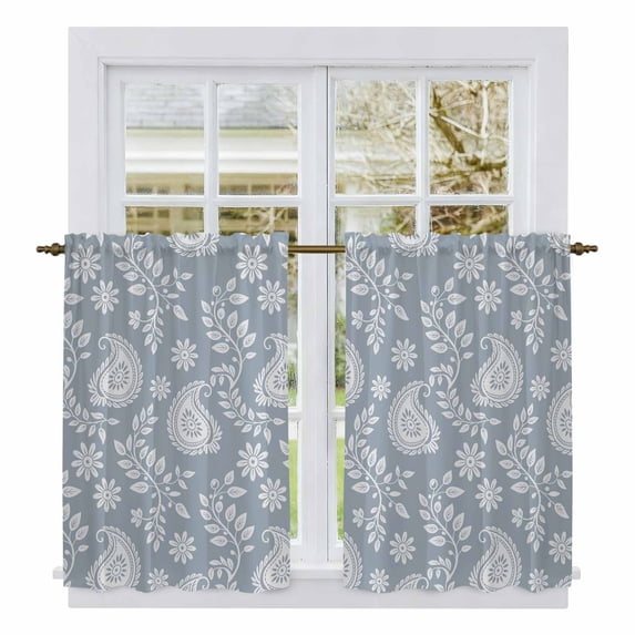 Blue Paisley Kitchen Curtain for Berdoom Living Room Cafe 54 Inch Length, Ethnic Vintage Floral Botanical Abstract Tiers Curtains Light Filtering Drapes Rod Pocket Window Treatment 2 Panels 52"Wx54"L