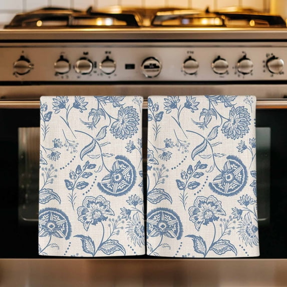 Blue Paisley Kitchen Towels Set of 4, Vintage Boho Flower Botanical Leaf Branch Absorbent Dish Towels for Kitchen, Microfiber Hand Towel, Quick Drying Tea Towel for Cleaning Decorative Dishcloths