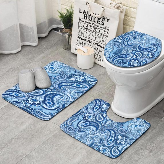 Blue Paisley Pattern Bathroom Rugs Sets 3 Piece,Toilet Cover Set,Absorbent Non Slip Bathroom Mats Sets with U-Shaped Contour Rug Toilet Rug Set
