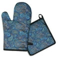 thumbnail image 1 of Blue Paisley Pattern Kitchen Oven Mitt and Pot Holder Sets 2 Pcs for Baking, Cooking and Grilling, Heat Resistant Up To 392 °F, 1 of 7