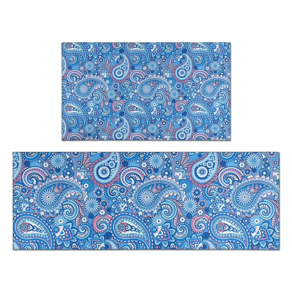 Blue Paisley Pattern Kitchen Rugs Sets Of 2,Anti Fatigue Kitchen Mat Rugs Non Slip Washable,Decorative Kitchen Floor Mats for Kitchen,Sink,Laundry,17"x30"+17"x47"