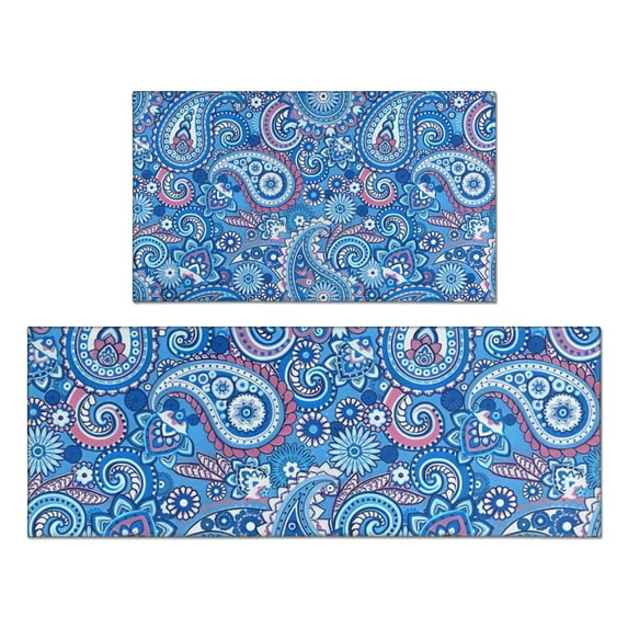 Blue Paisley Pattern Kitchen Rugs Sets Of 2,Anti Fatigue Kitchen Mat Rugs Non Slip Washable,Decorative Kitchen Floor Mats for Kitchen,Sink,Laundry,17"x30"+17"x47"