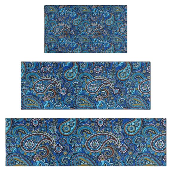 Blue Paisley Pattern Kitchen Rugs Sets Of 3,Kitchen Runner Rugs Non Skid Washable,Decorative Kitchen Floor Mats for Kitchen,Sink,Laundry,17"x30"+ 17"x47" + 17"x59"