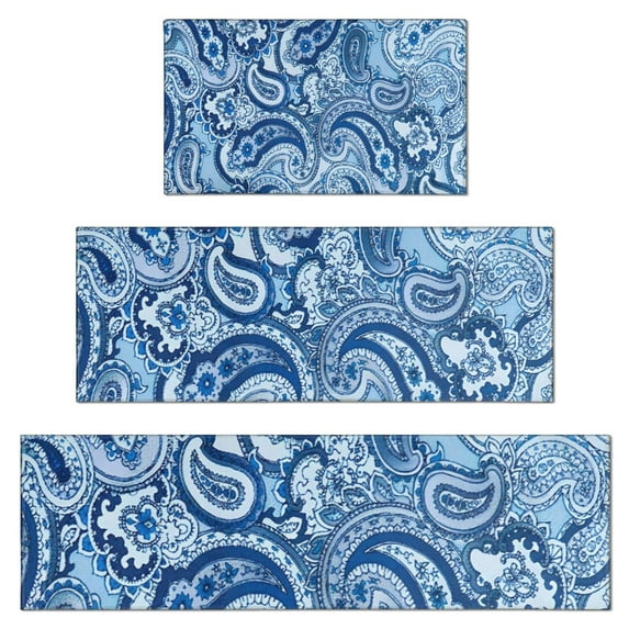 Blue Paisley Pattern Kitchen Rugs Sets Of 3,Kitchen Runner Rugs Non Skid Washable,Decorative Kitchen Floor Mats for Kitchen,Sink,Laundry,17"x30"+ 17"x47" + 17"x59"