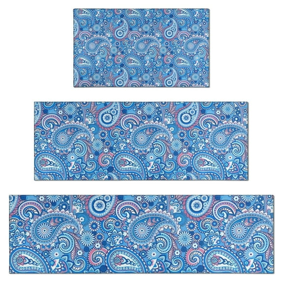 Blue Paisley Pattern Kitchen Rugs Sets Of 3,Kitchen Runner Rugs Non Skid Washable,Decorative Kitchen Floor Mats for Kitchen,Sink,Laundry,17"x30"+ 17"x47" + 17"x59"