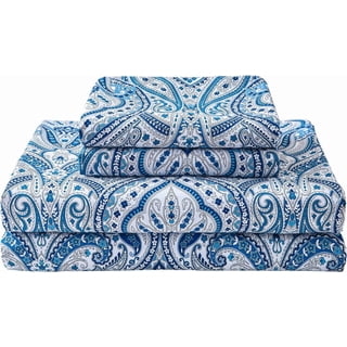 Blue Paisley Printed Bed Sheets Full Size, Floral Sheet Set Full, Brushed Microfiber Patterned Fitted Sheet with 15" Deep Pocket & Non-Slip Straps