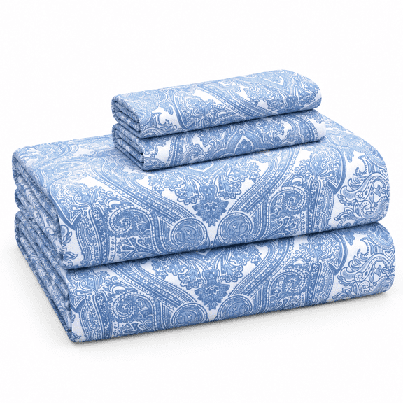 Blue Paisley Queen 300 Thread Count Percale Weave Cotton Bed Sheet Set