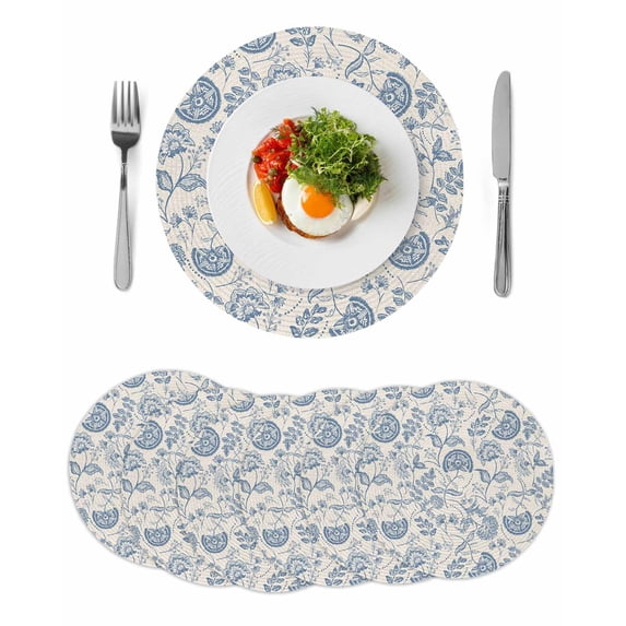 Blue Paisley Round 13 Inch Placemats Set of 6, Vintage Boho Flower Botanical Leaf Branch HeatResistant Non Slip Place Mats for Dining Table, Wipeable Braided Kitchen Table Mats for Housewarming