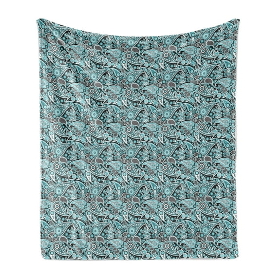 Blue Paisley Soft Flannel Fleece Blanket, Flower Elements with Traditional Buta Ornaments Leave Like Motifs, Cozy Plush for Indoor and Outdoor Use, 70" x 90", Dark Brown and Sea Blue, by Ambesonne