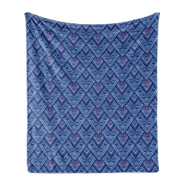 Blue Paisley Soft Flannel Fleece Throw Blanket, Classic Geometry of Triangles and Buta Motif Sketch in Blue Tones, Cozy Plush for Indoor and Outdoor Use, 50" x 60", Sky Blue Cobalt Blue, by Ambesonne