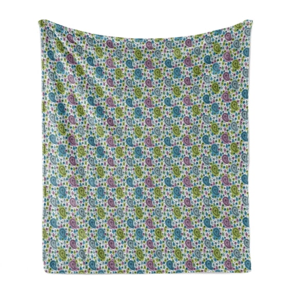 Blue Paisley Soft Flannel Fleece Throw Blanket, Ethnic Motifs Colorful Sketch Motif Illustration on Plain Backdrop Print, Cozy Plush for Indoor and Outdoor Use, 50" x 60", Multicolor, by Ambesonne