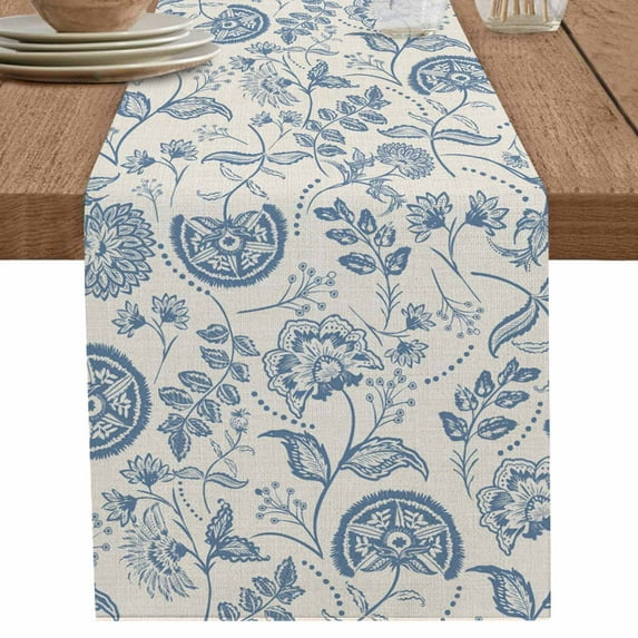 Blue Paisley Table Runner 120 Inches Long for Dining Table Decor,Vintage Boho Flower Botanical Leaf Branch Burlap Linen Farmhouse Table Runner Coffee Table Runners Dresser for Kitchen Party Holiday