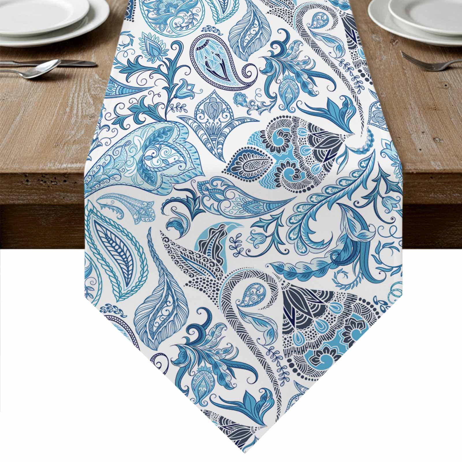 Blue Paisley Table Runner Linen Burlap Table Runner 70 Inches Long ...