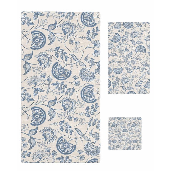 Blue Paisley Towel Set of 3, Soft Microfiber Bath Towels, Hand Towel, Washcloths, Vintage Boho Flower Botanical Leaf Branch Quick-Dry Absorbent Towels for Bathroom Kitchen Hotel Beach Gym Spa