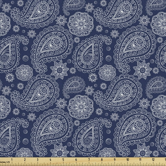 Ambesonne Blue Paisley Fabric by the Yard Upholstery, Sketch Style Motifs, 3 Yards, Indigo and White