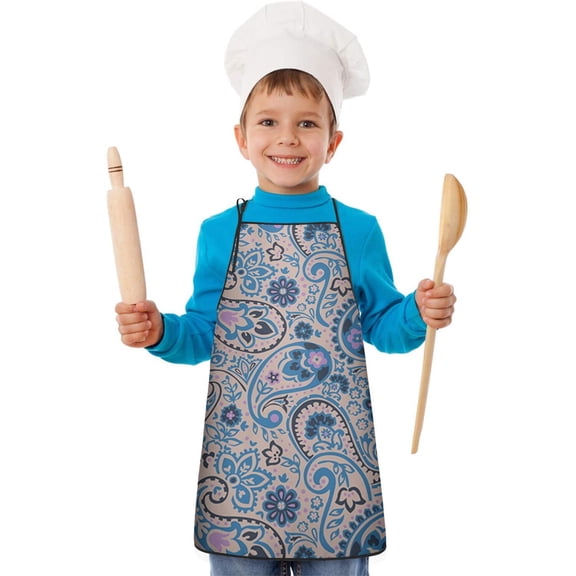 Blue Paisley and Floral Pattern Kids Aprons for Girls and Boys,Adjustable Neck Strap Toddler Aprons for Kids Cooking Baking