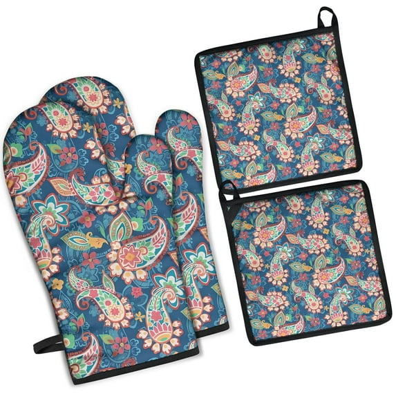 Blue Paisley and Floral Pattern Kitchen Oven Mitt and Pot Holder Sets 4 Pcs for Baking, Cooking and Grilling, Heat Resistant Up To 392 °F