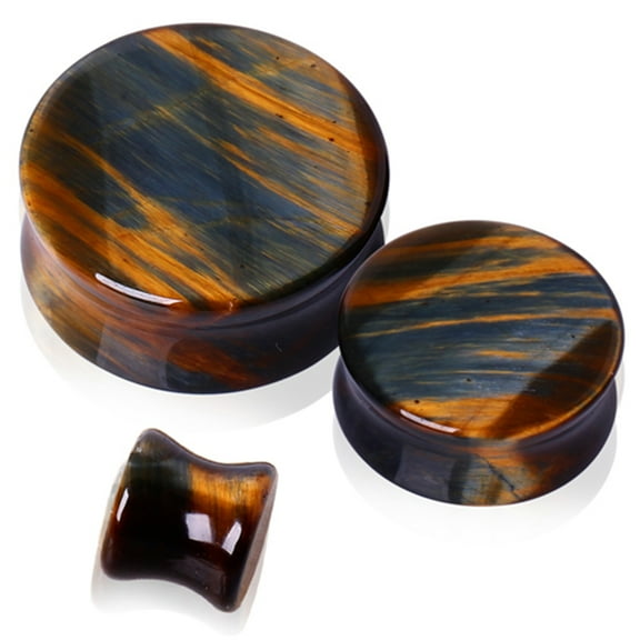 Blue Palm Jewelry Pair of Natural Blue Tiger Eye Stone Saddle Plug Double Flare Ear Lobe Plugs