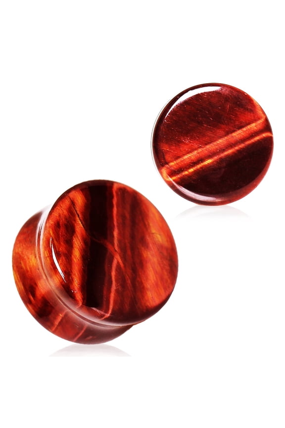 Pair of Natural Red Tiger Eye Stone Saddle Plug Double Flare Ear Lobe Plugs E549