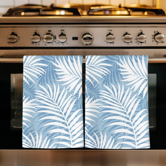 Blue Palm Leaf Kitchen Towels Set of 3, Summer Coastal Botanical Tropical Absorbent Dish Towels for Kitchen, Microfiber Hand Towel, Quick Drying Tea Towel for Cleaning Decorative Dishcloths