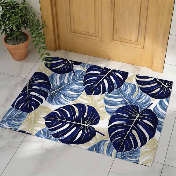 Blue Palm Leaves Door Mat, Non Slip Bathroom Rugs, Farmhouse Summer Beige Tropical Plants Absorbent Floor Mats, Washable Runner Rug Indoor Doormat for Front Door Entrance, Patio, Garage 16"x24"