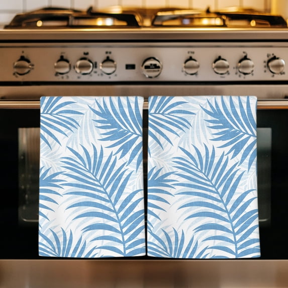 Blue Palm Leaves Kitchen Towels Set of 3, Summer Botanical Tropical Plants Absorbent Dish Towels for Kitchen, Microfiber Hand Towel, Quick Drying Tea Towel for Cleaning Decorative Dishcloths
