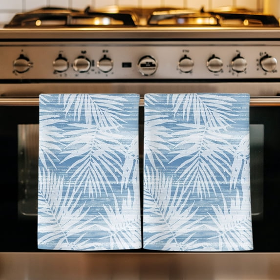 Blue Palm Leaves Kitchen Towels Set of 3, Summer Tropical Botanical Coastal Absorbent Dish Towels for Kitchen, Microfiber Hand Towel, Quick Drying Tea Towel for Cleaning Decorative Dishcloths