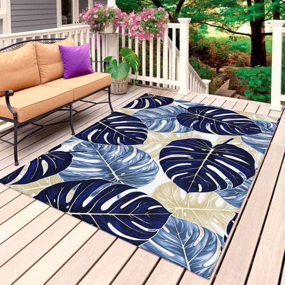 Blue Palm Leaves Outdoor Rug 4x6 Ft, Non Slip Washable Area Rug, Farmhouse Summer Beige Tropical Plants Patio Rugs Carpet Runner, Large Floor Mat for Indoor/Outdoor Deck Porch Camping