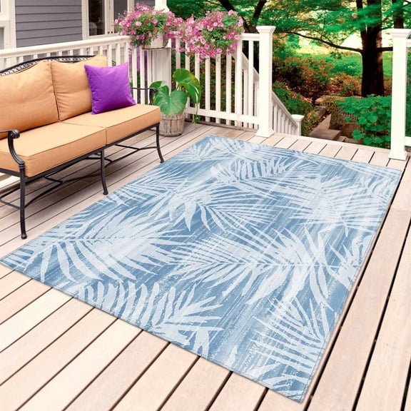Blue Palm Leaves Outdoor Rug for Patio/Deck/Porch, Non-Slip Large Area Rug 6 x 9 Ft, Summer Tropical Botanical Coastal Indoor Outdoor Rugs Washable Area Rugs, Reversible Camping Rug Carpet Runner