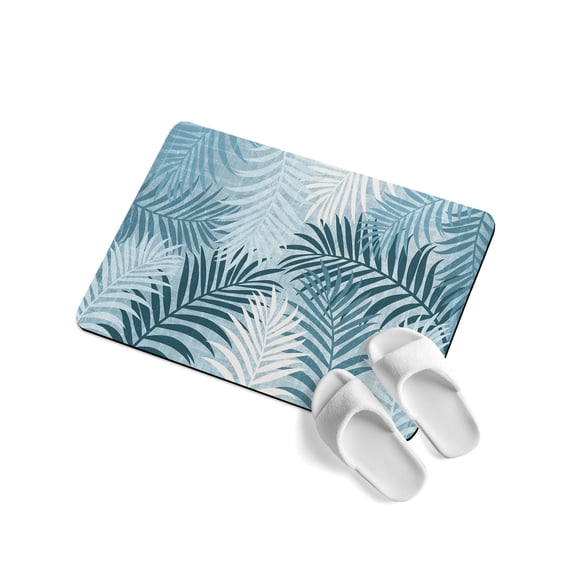 Blue Palm Leaves Soft Diatomaceous Earth Mat, Summer Botanical Vintage Tropical Leaf Rustic Absorbent Bath Mat Non Slip Rubber Backed Quick Dry Doormat Fit Under Door for Bathroom Kitchen 24"x36"