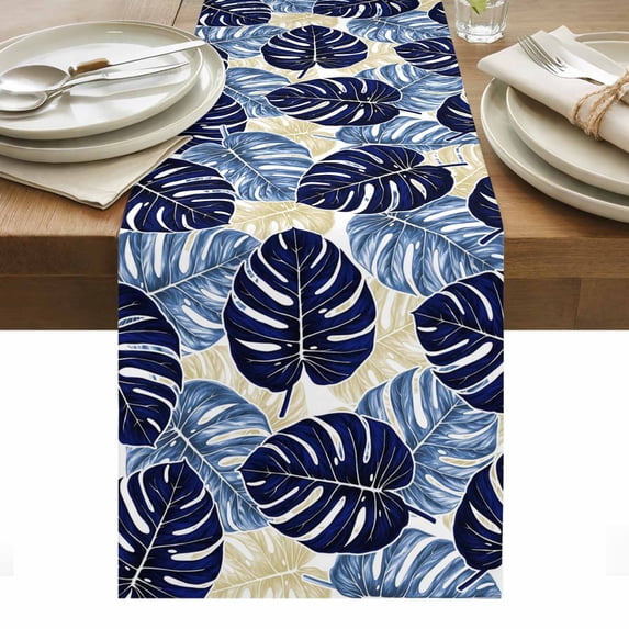 Blue Palm Leaves Table Runner - 60 Inch Long, Kitchen Dining Table Runner Dresser Scarves, Farmhouse Summer Beige Tropical Plants Farmhouse Decor for Coffee Tables Wedding Party Banquet