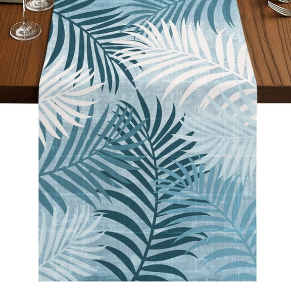 Blue Palm Leaves Table Runner 70 Inches Long, Summer Botanical Vintage Tropical Leaf Rustic Cotton Linen Dining Table Runner Dresser Scarves for Home Kitchen Party Decor 13"x70"