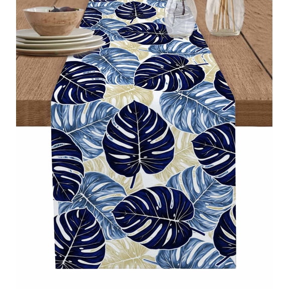 Blue Palm Leaves Table Runner Farmhouse Summer Beige Tropical Plants Tablerunners 13 x 90 Inch, Table Decorations Tabletop Scarf for Summer Gathering Holiday Farmhouse Kitchen Dining Decor