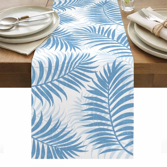 Blue Palm Leaves Table Runner Summer Botanical Tropical Plants Tablerunners 13 x 36 Inch, Table Decorations Tabletop Scarf for Summer Gathering Holiday Farmhouse Kitchen Dining Decor