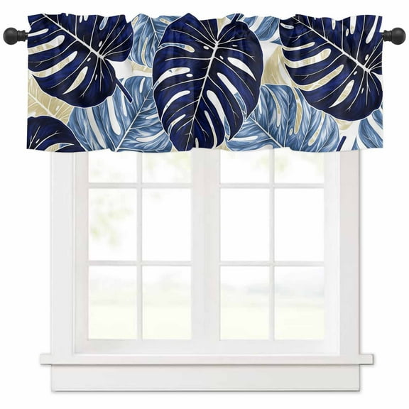 Blue Palm Leaves Valances for Windows Farmhouse Kitchen Curtains Valances Rod Pocket Valance Curtains for Kitchen Windows Farmhouse Summer Beige Tropical Plants Window Valances for Bathroom 60"x18"