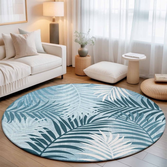 Blue Palm Leaves Washable Round Area Rug 8 ft, Summer Botanical Vintage Tropical Leaf Rustic Soft Non Slip Rugs Stain Repellent Indoor Felt Carpet for Living Dining Room Bedroom Home Office