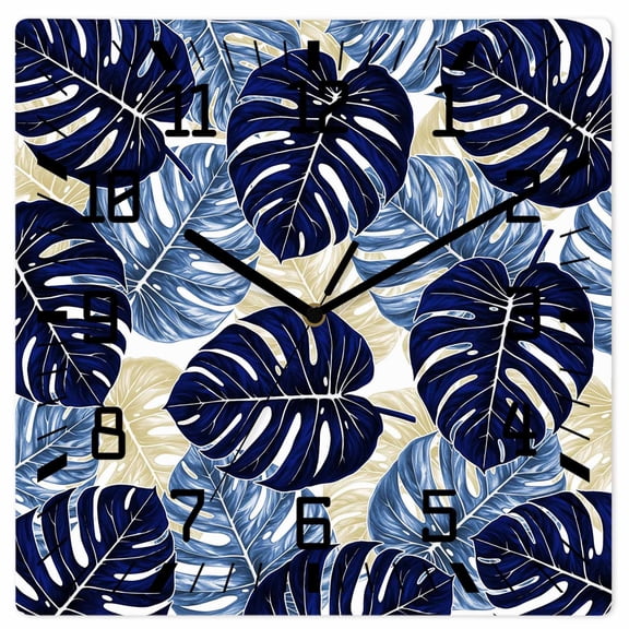 Blue Palm Leaves Wooden Wall Clock Silent Non Ticking, Farmhouse Summer Beige Tropical Plants Square Wall Clocks Battery Operated, Decor Clock for Home Office, Living Room, Kitchen, 10 Inch