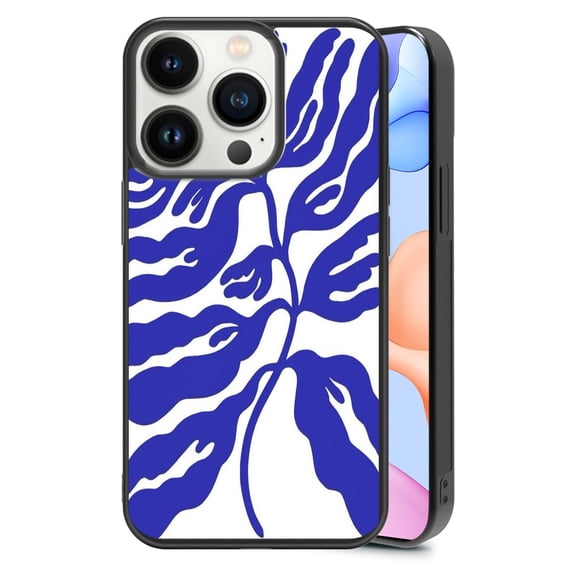 Blue Palm Leaves for iPhone 15 Pro Case, Cute Aesthetic Artistic Leaves Shock-Absorbent Protective,Black