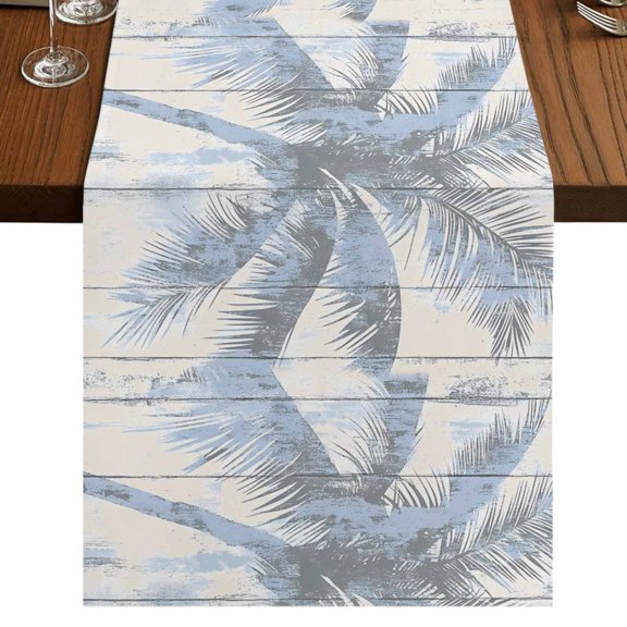 Blue Palm Tree 48 Inch Table Runner, Vintage Wooden Summer Botanical Farmhouse Dresser Scarf Cotton & Linen Tablerunner for Dining/Kitchen Island/Holiday Party Décor 13" x 48"