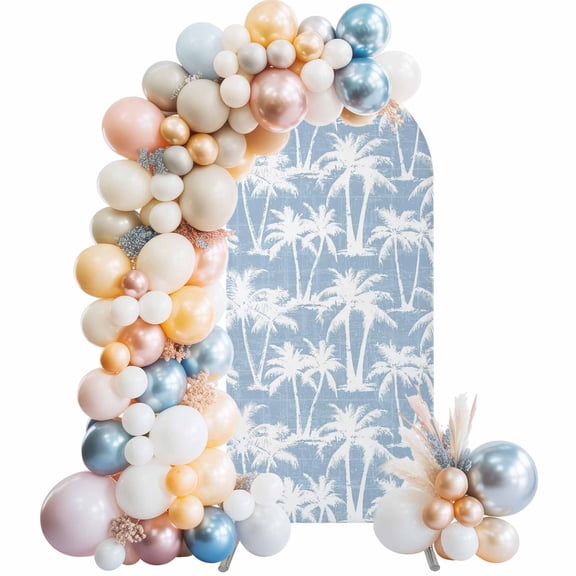 Blue Palm Tree Arch Backdrop Cover 4 FT Summer Tropical Minimalist Nautical Beach Silver Tree Leaf Stretchy Arch Stand Covers Spandex Arched Background Birthday Wedding Party Decoration (No Stand)