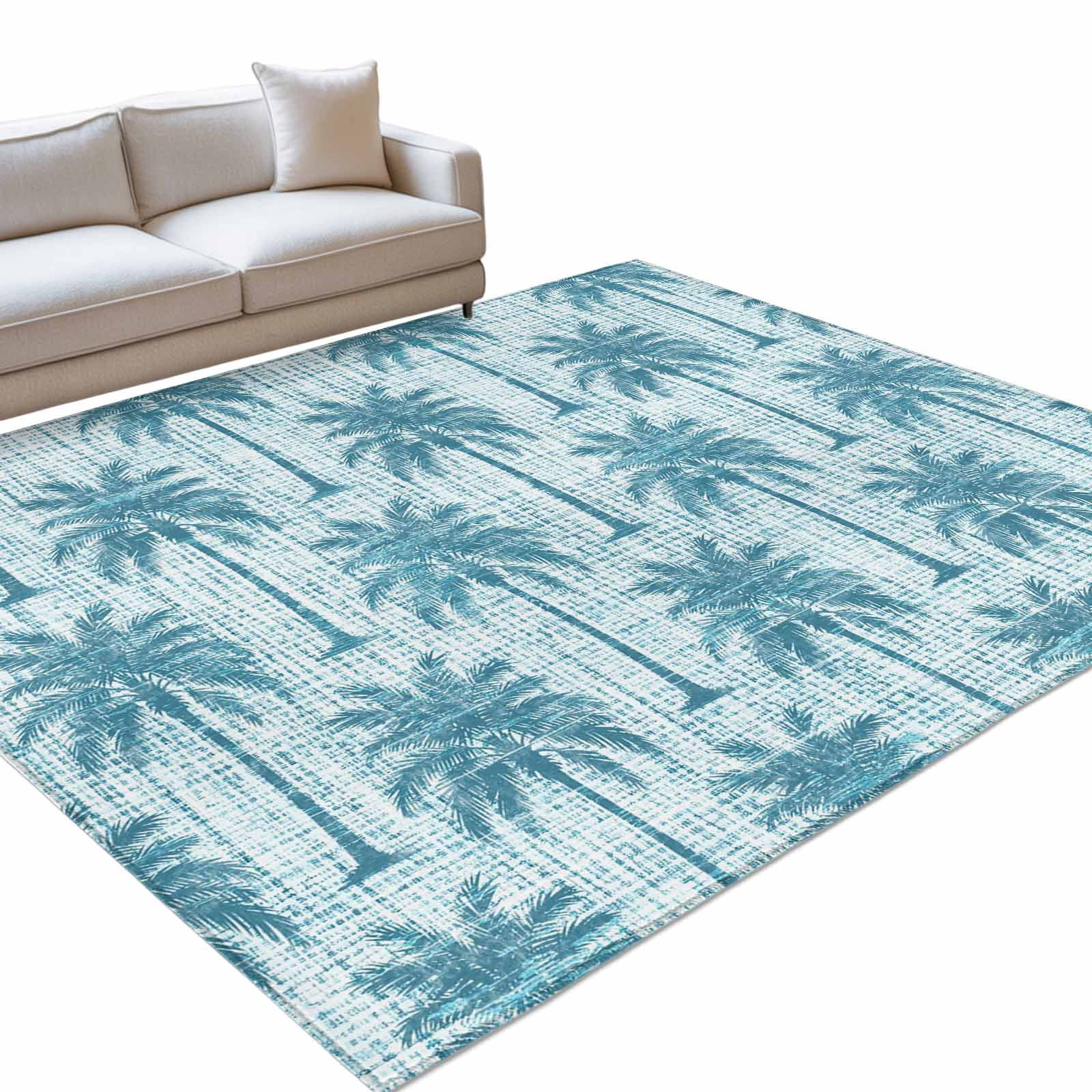 Blue Palm Tree Area Rug, Country Linen Texture Tropical Plant Coastal ...