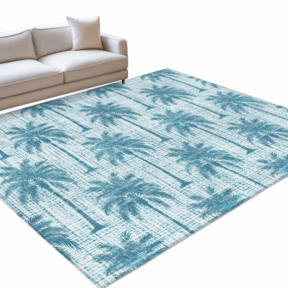 Blue Palm Tree Area Rug, Country Linen Texture Tropical Plant Coastal ...