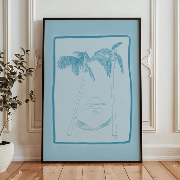 Blue Palm Tree Beach Poster, Coastal Wall Art, Unframed Poster Size 12x18