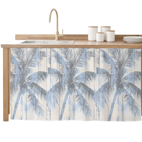 Blue Palm Tree Cabinet Curtains 28"W x 51"L, Dustproof Sink Skirt Curtain for Kitchen Bathroom, Vintage Wooden Summer Botanical Adhesive Desk Skirt Privacy Curtains for Pantry Classroom Office Closet