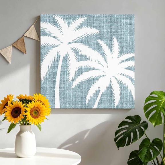 Blue Palm Tree Canvas Wall Art for Living Room, Summer Tropical Beach Country Tree Leaf Linen Texture Poster Print Painting for Bedroom Office Home Decoration Wall Pictures Prepare To Hang 8"x8"
